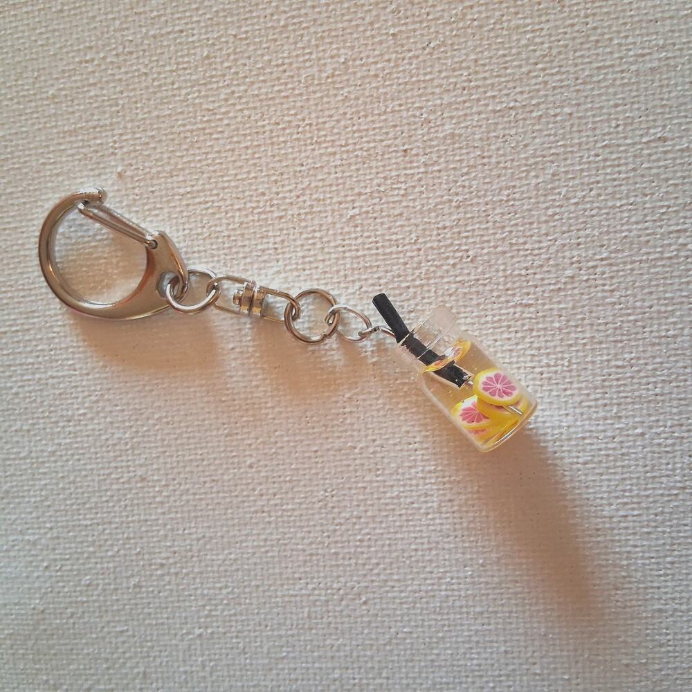Grapefruit Pink Yellow Citrus Keychain Silver METAL Dangle Drink CHARM Handmade